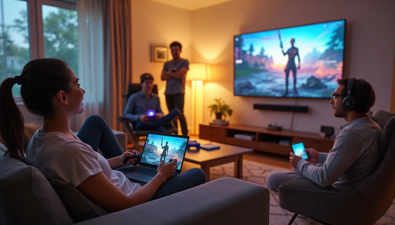 Gamers enjoying the same game on different devices.