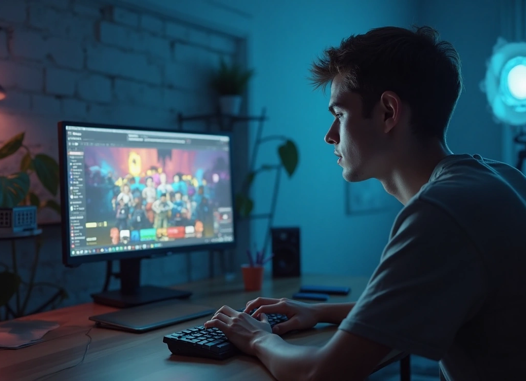 Person playing Roblox on a desktop computer in a dimly lit room with blue and warm lighting accents