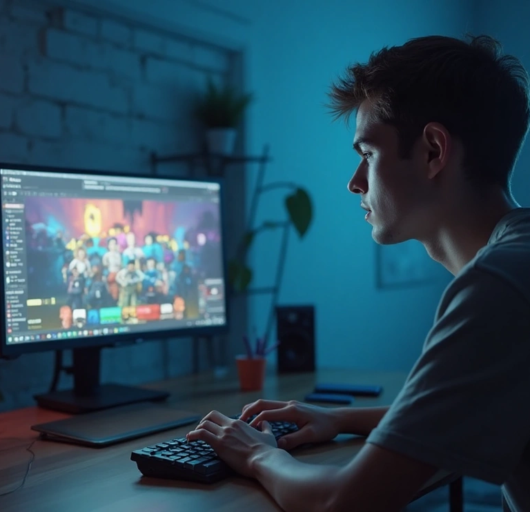Person playing Roblox on a desktop computer in a dimly lit room with blue and warm lighting accents