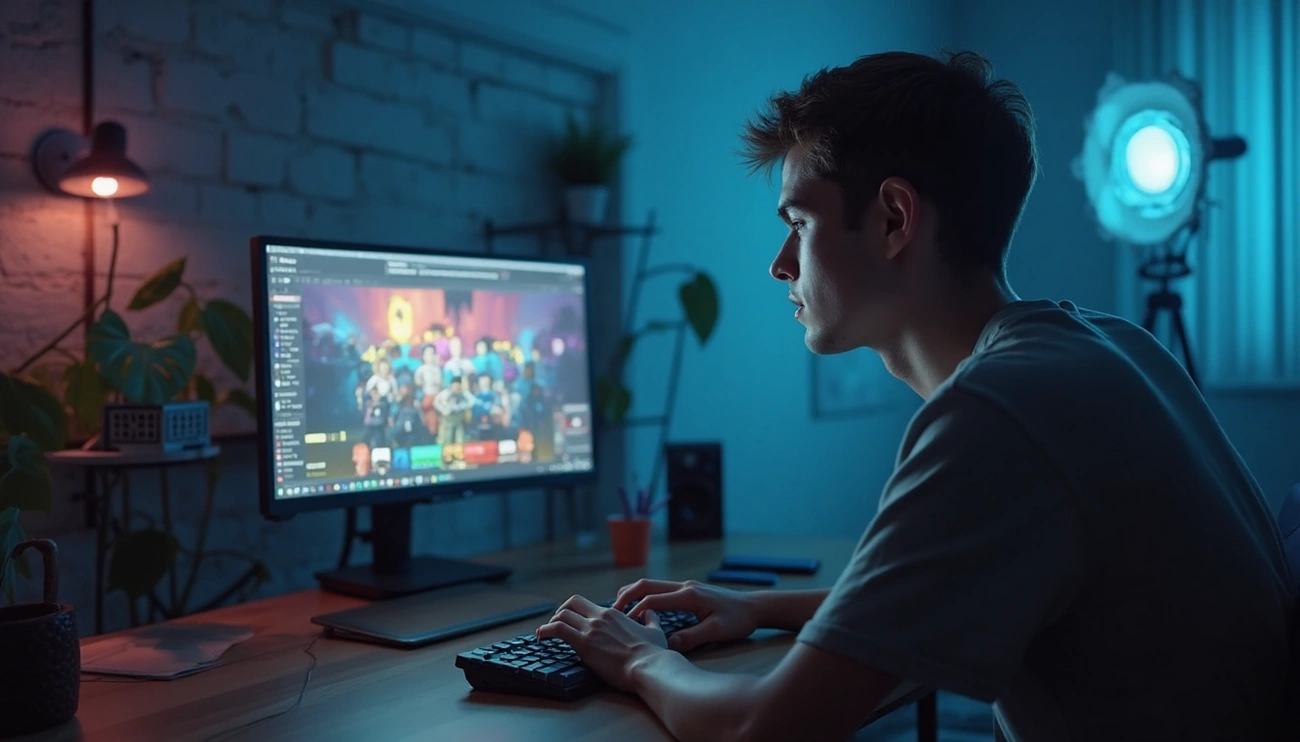Person playing Roblox on a desktop computer in a dimly lit room with blue and warm lighting accents