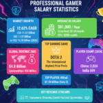 Professional gamer salaries ranging from $2,000-$5,000 monthly for entry-level to $35,000+ for elite players, with US average at $81,000 annually, global esports market at $4.8 billion, and top earner N0tail at $7.18 million career winnings from Dota 2.Retry