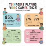 Teenage video game participation by gender showing 97% of boys and 75% of girls play video games, with significant differences in daily play frequency at 61% for boys versus 22% for girls.Retry