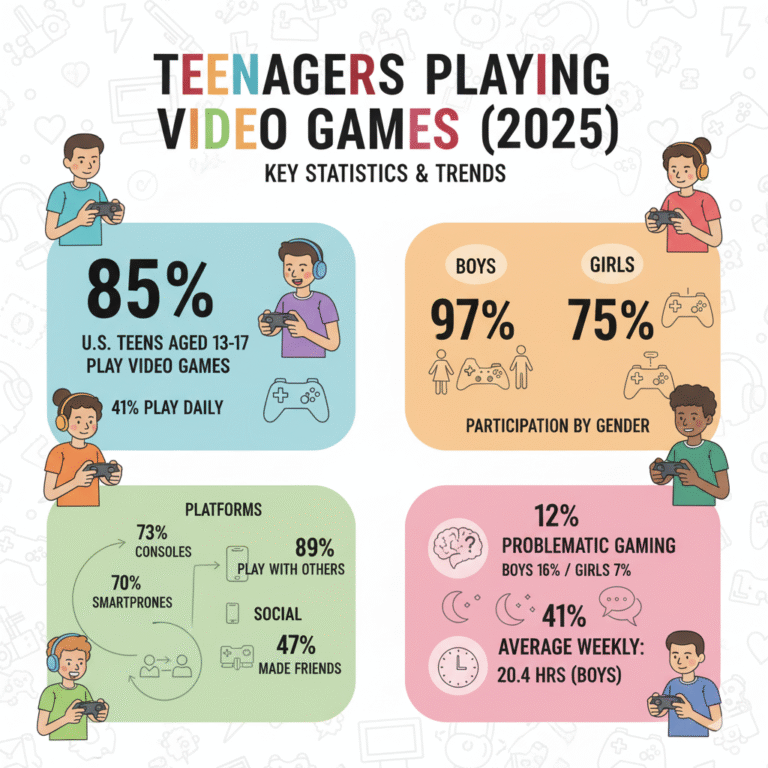 Teenage video game participation by gender showing 97% of boys and 75% of girls play video games, with significant differences in daily play frequency at 61% for boys versus 22% for girls.Retry